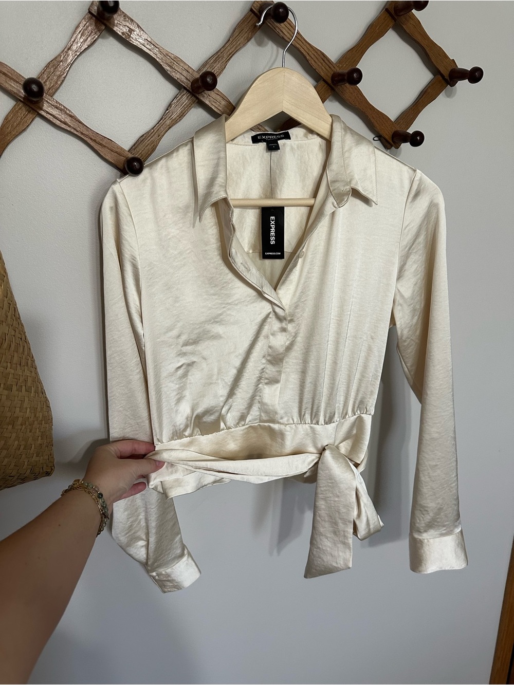 Express Cream Satin Tie Front Banded Bottom Portofino Blouse - Picture 2 of 6